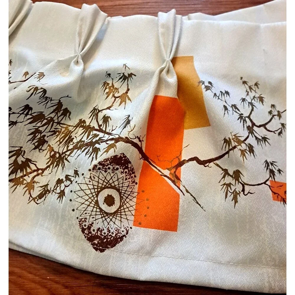 Vintage Asian Atomic Curtain Valance Orange Gold Fiberglass Pinch Pleat 12x84